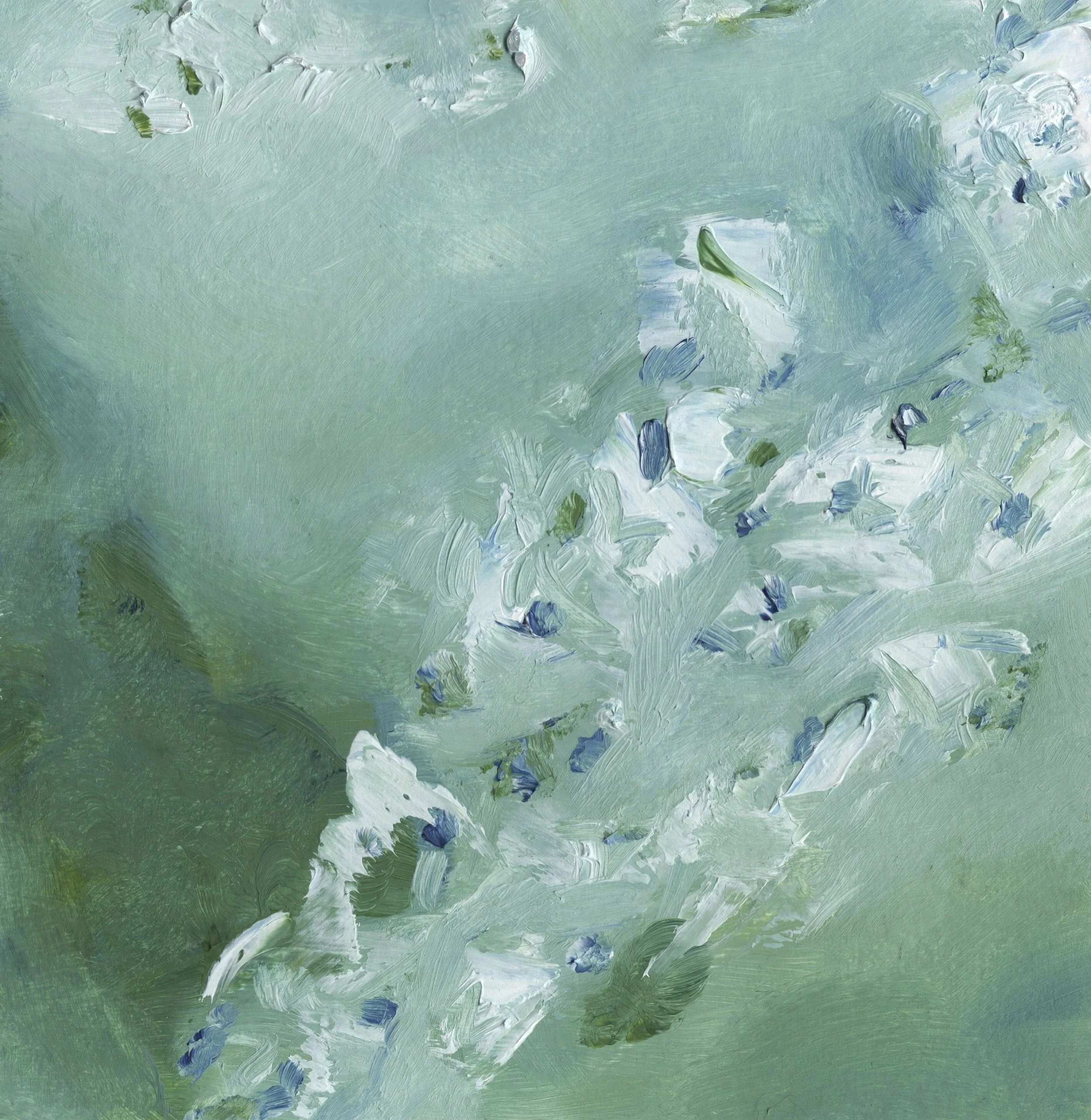 Abstract painting with textured strokes in shades of green, white, blue, and hints of yellow.