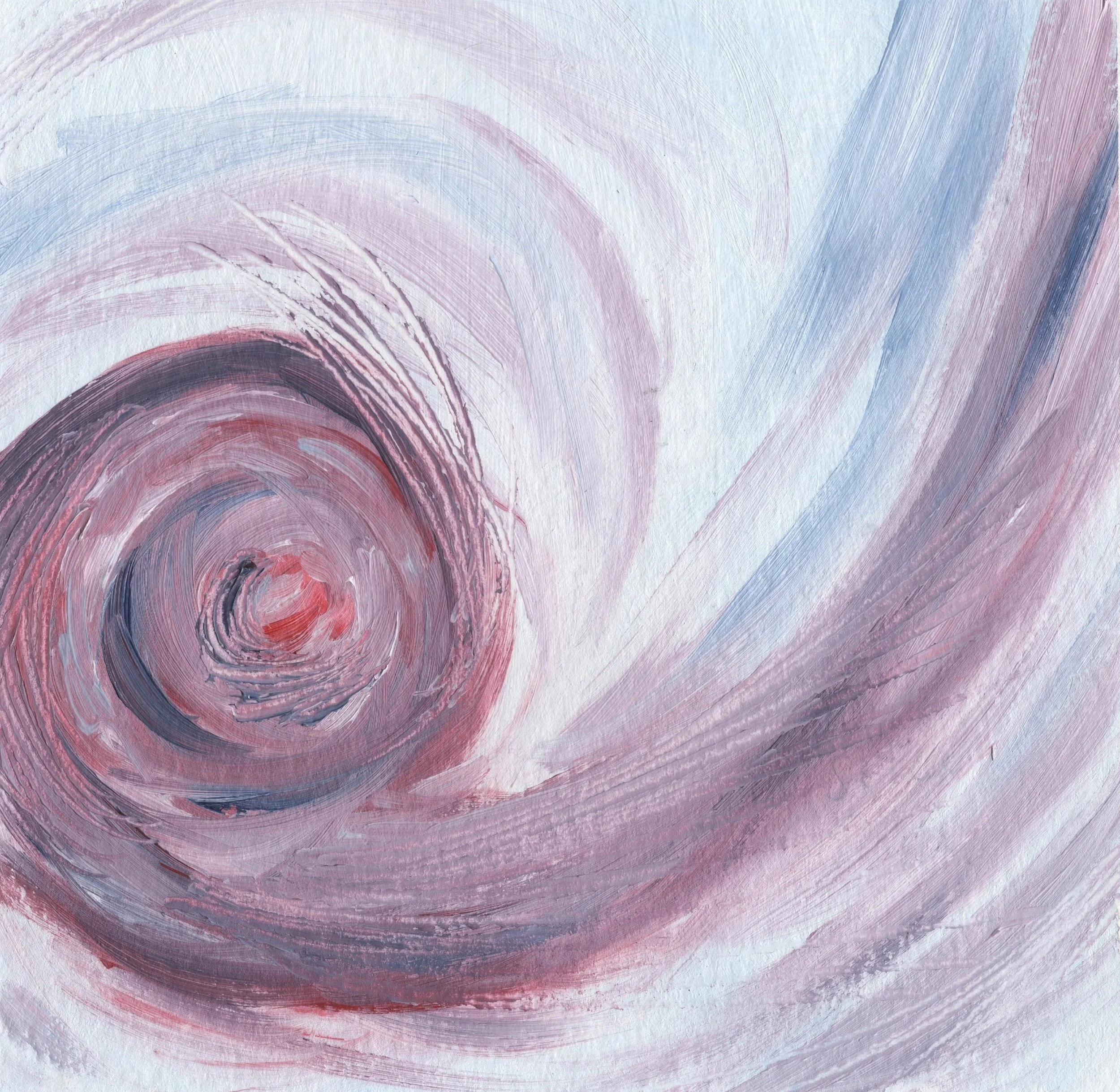 Abstract painting with swirling brushstrokes in shades of pink, purple, light blue, and white.