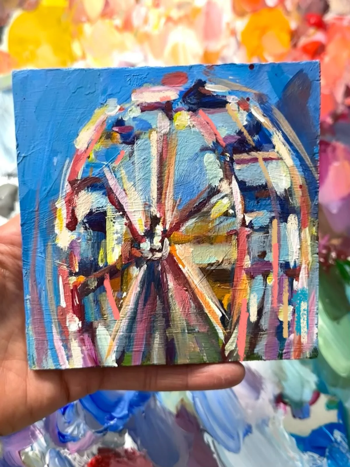 Day 6 #30daysofcreativity 
Prompt: LINE - to describe energy and direction, not just boundaries.

In the interest of momentum, finished this little guy at the 11th hour 😅

6x6, acrylic on birch board

@marcelastrasdas 

#minipainting #ferriswheel