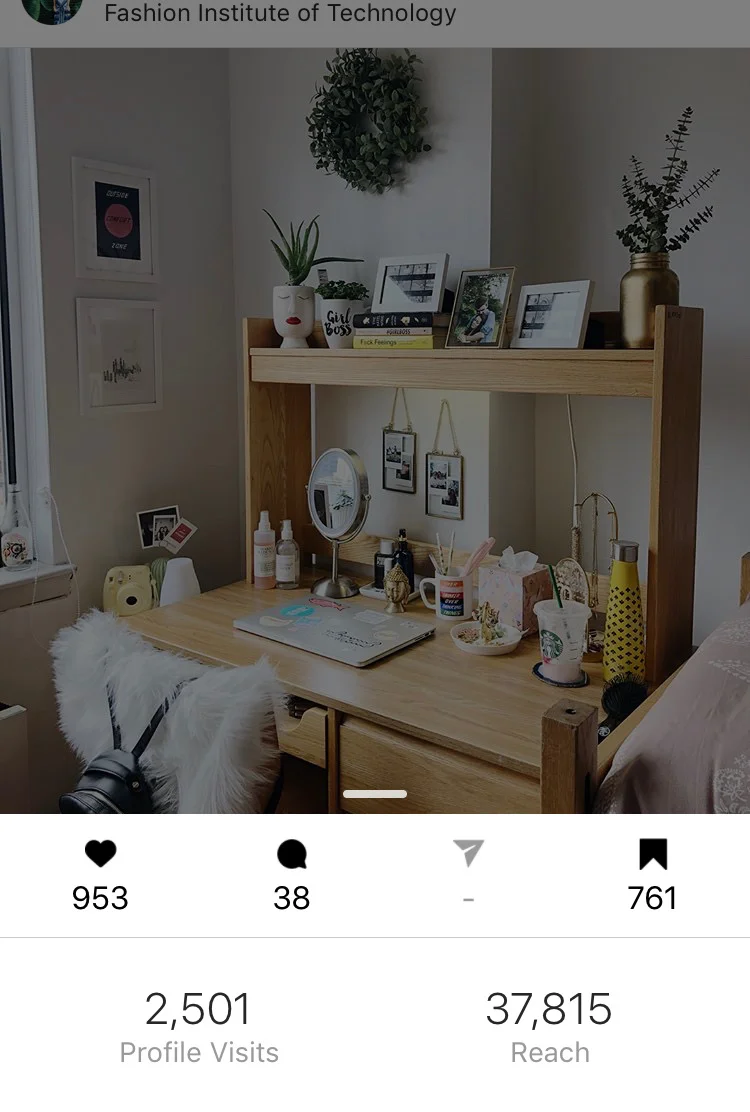 This post was very successful because I shared my location and tagged the companies that are featured in the image. Also, the image is aesthetically pleasing and may interest other college students. 953 likes, 38 comments, 761 saves, 2,501 profile visits, and it reached 37,815 people. This was later featured on Buzzfeed’s 15 Dorm Room Glow-Ups