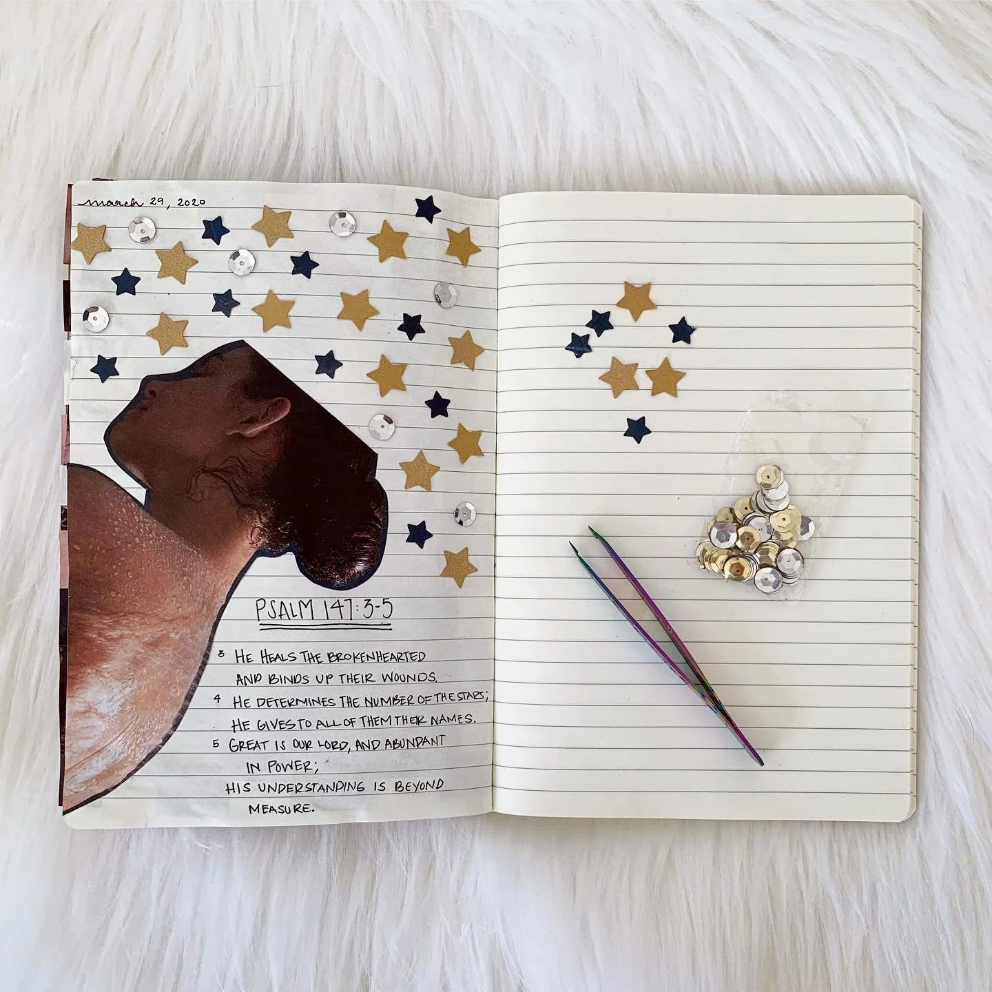 Day 2 of collage journal. .
.
.
.
#collagejournal #journal #journaling #art #collage #psalm #stars #sequin #day2 #flatlay