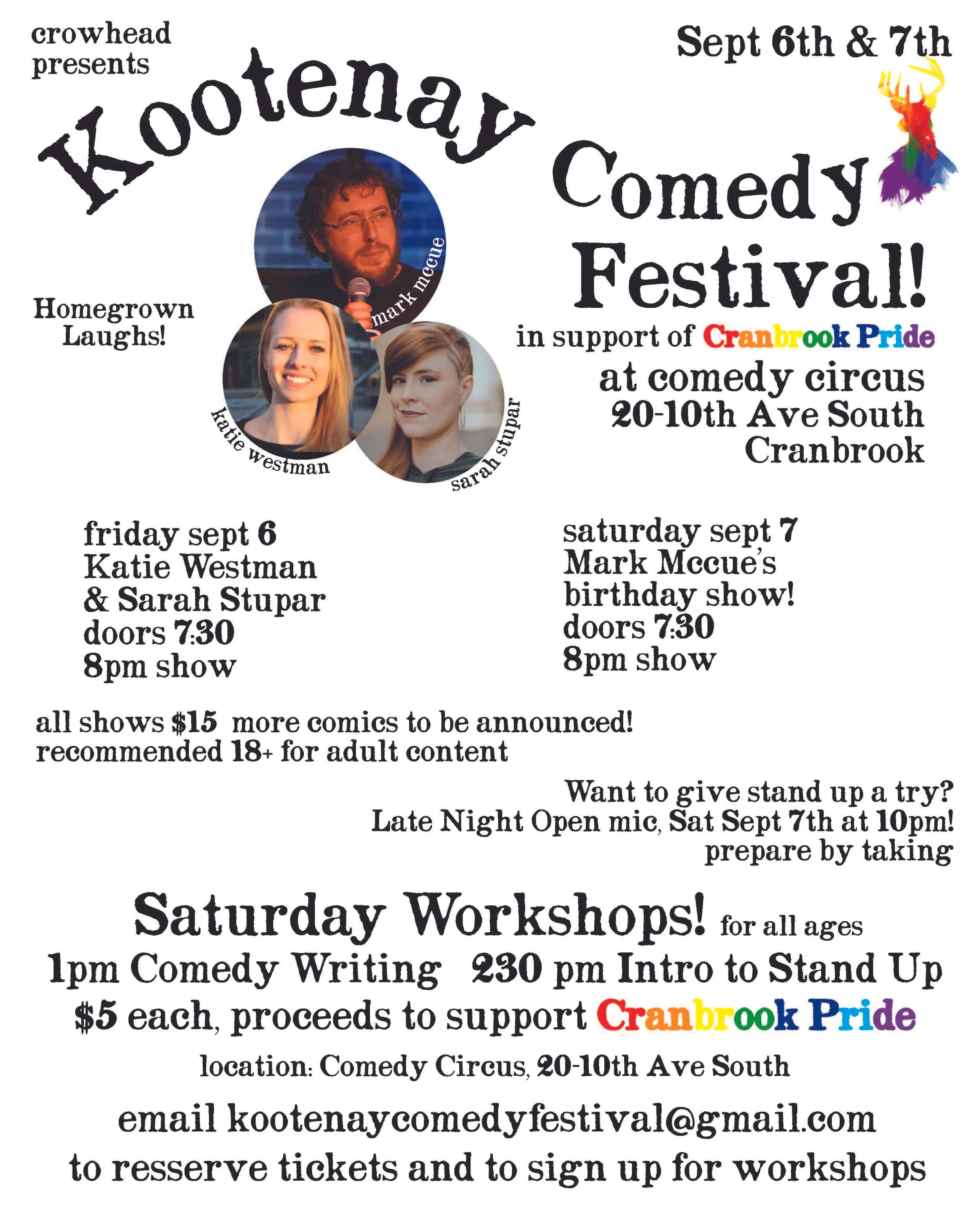 The Kootenay Comedy Festival is happening Sept 6th & 7th at Comedy Circus , #20 - 10th St S in Cranbrook. Shows happen at 8pm, doors at 730. For more info visit KootenayComedyFestival . Tickets are $15 and can be reserved by emailing kootenaycomedyfestival@gmail.com
