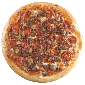 Mega Meat traditional sauce, pepperoni, italian sausage, ham, bacon, ground beef.