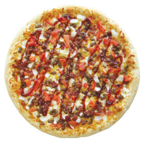 Southwest Cheeseburger white garlic sauce, spanish onion, tomato, ground beef, bacon, cheddar blend, BBQ sauce.