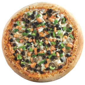 Veggie traditional sauce, mushroom, spanish onion, green pepper, black olive, tomato and italian seasoning.