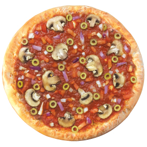Vegan traditional sauce, red onion, tomato, mushroom, green olive. NO CHEESE.