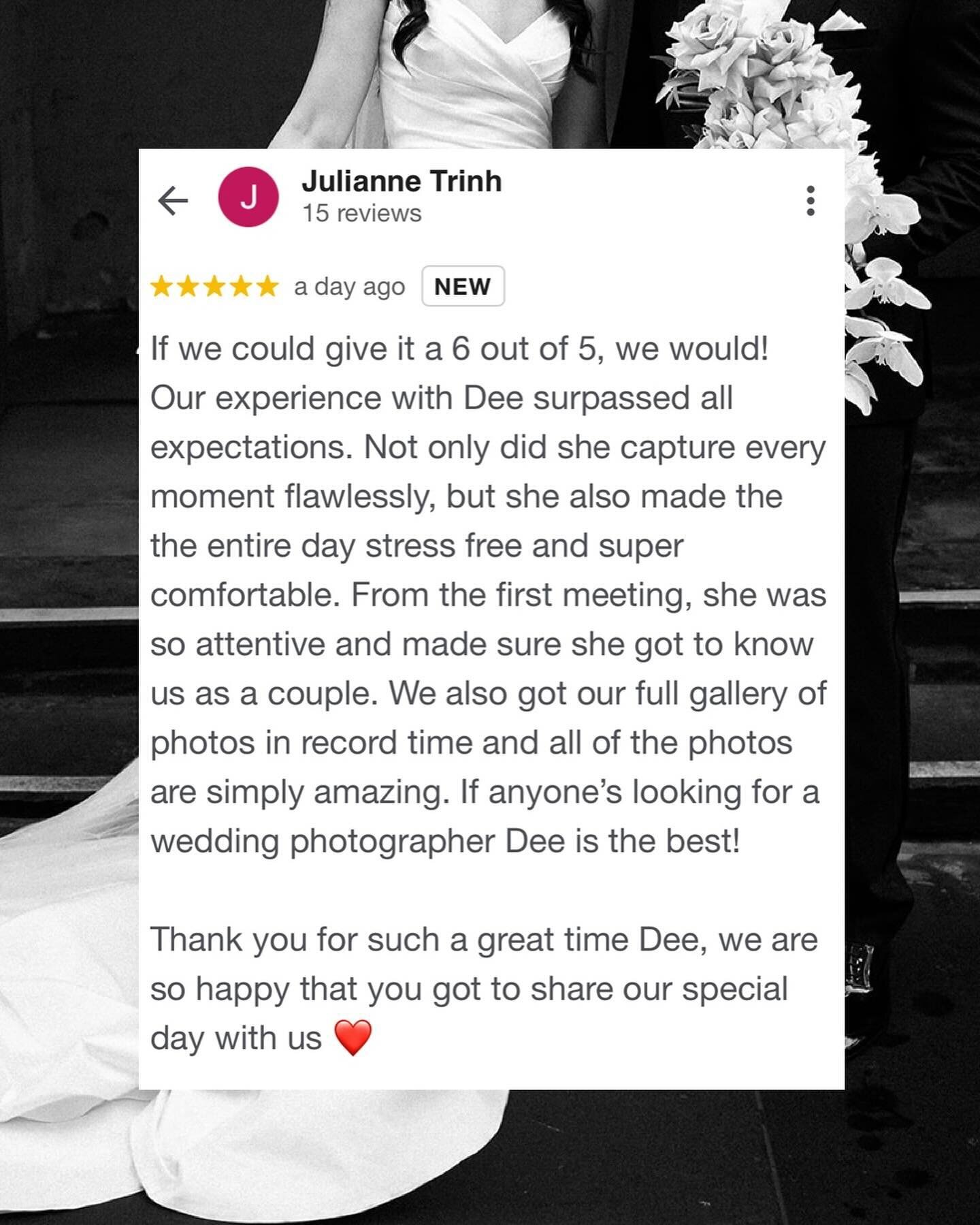 Kind words from Jules and John&hellip;

&ldquo;If we could give it a 6 out of 5, we would! Our experience with Dee surpassed all expectations. Not only did she capture every moment flawlessly, but she also made the the entire day stress free and supe