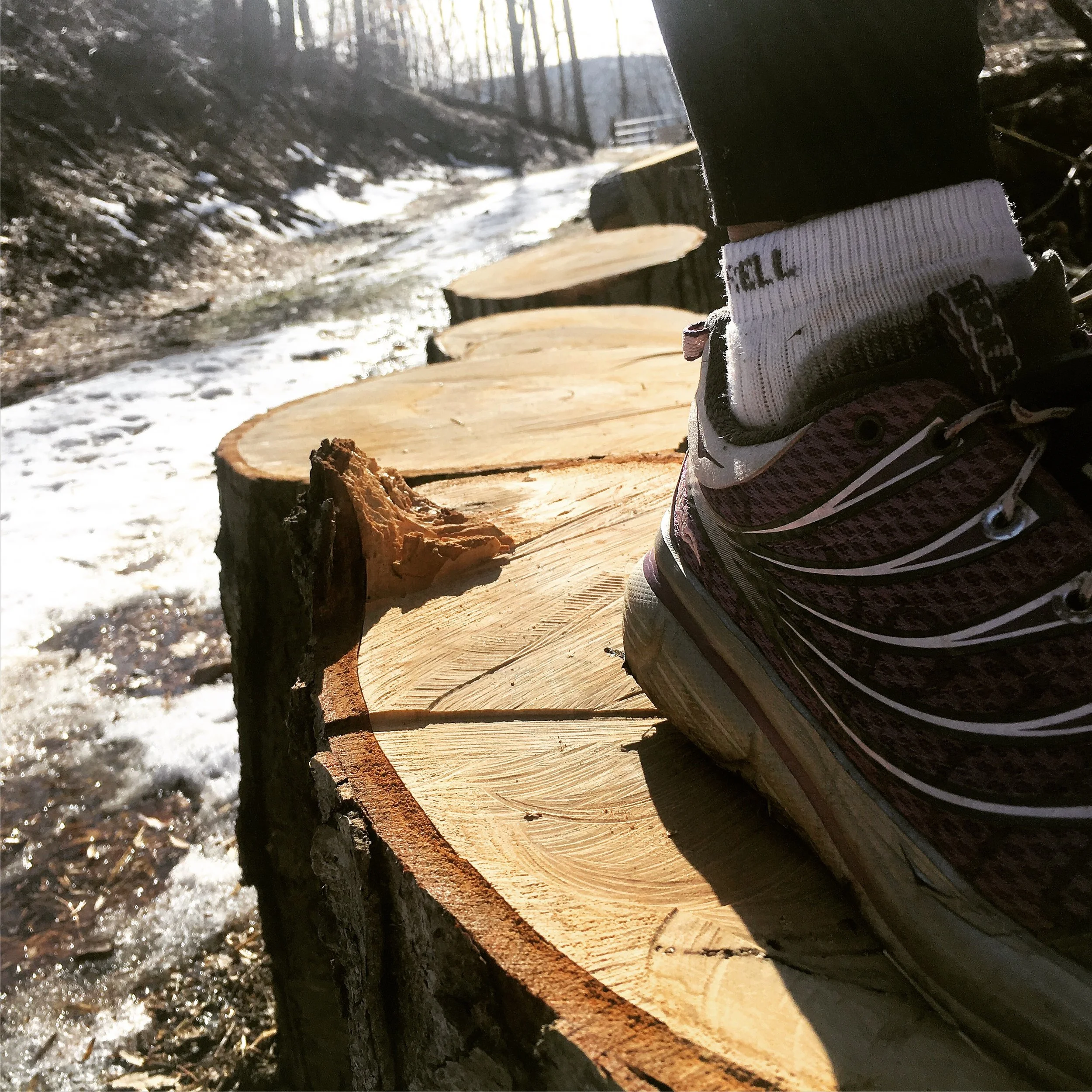 Hoka One One Trail Running Shoes out on a cold winter run.