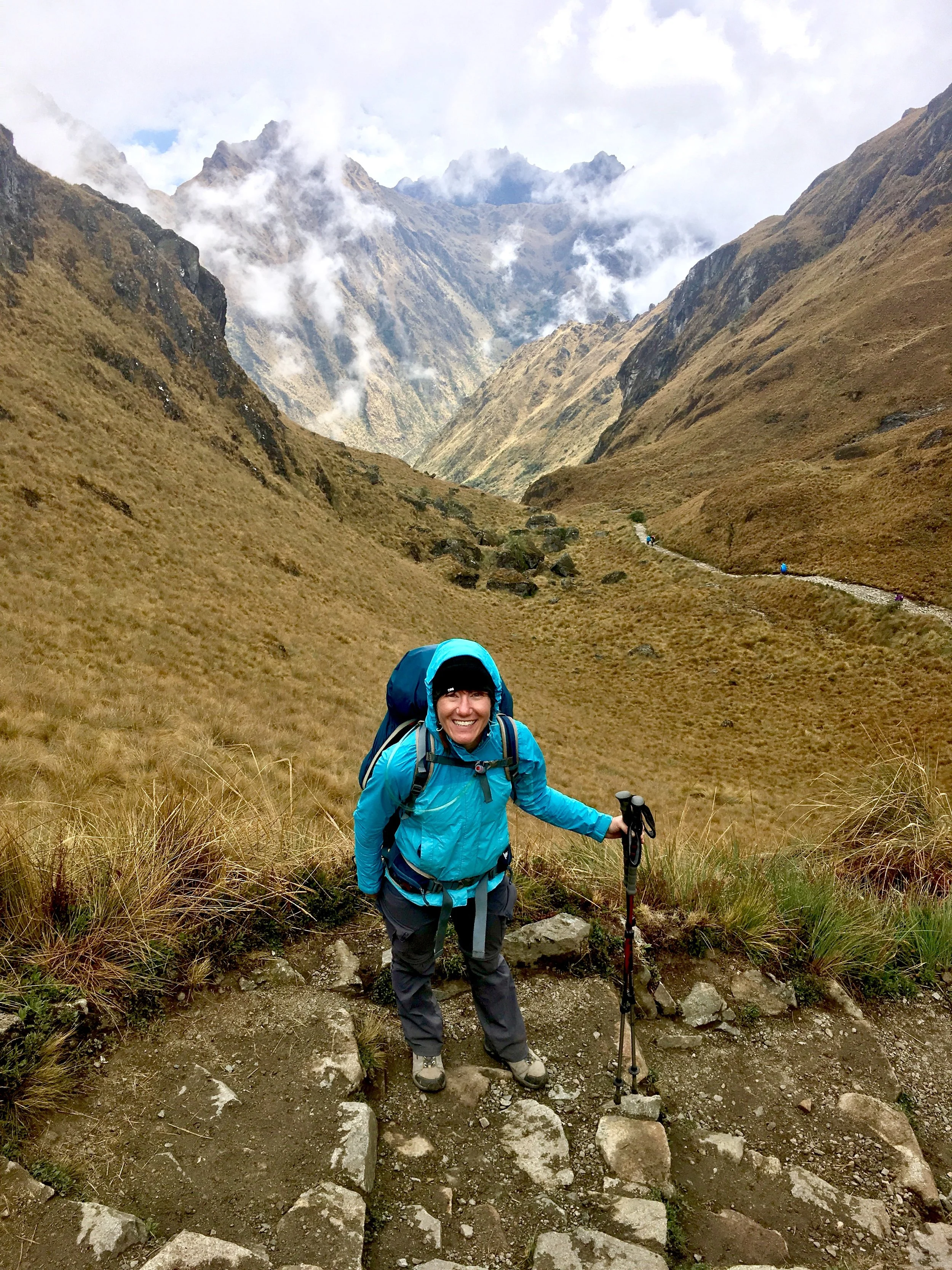 Testing out the Marmot Precip jacket on the Inca Trail. Notice the pockets are above my hip belt on my backpack.