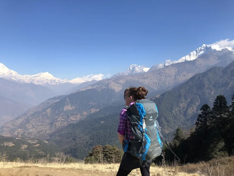 Over looking Annapurna in Nepal with a backpack that is just a little lighter without heavy pants!
