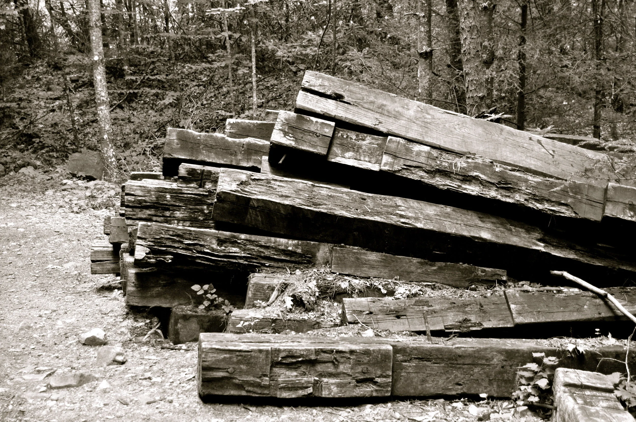  Old railroad ties piled up outside of Whitetop, Virginia.