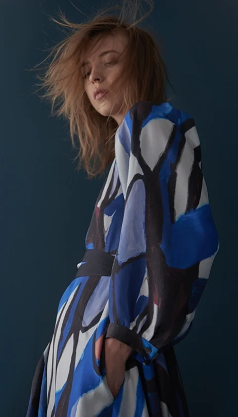 SILK PRINTED PLEATED SLEEVE DRESS