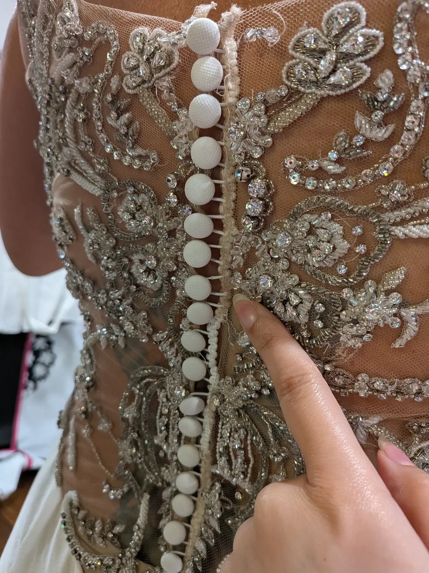 ripped tulle on beaded sequined dress with buttons