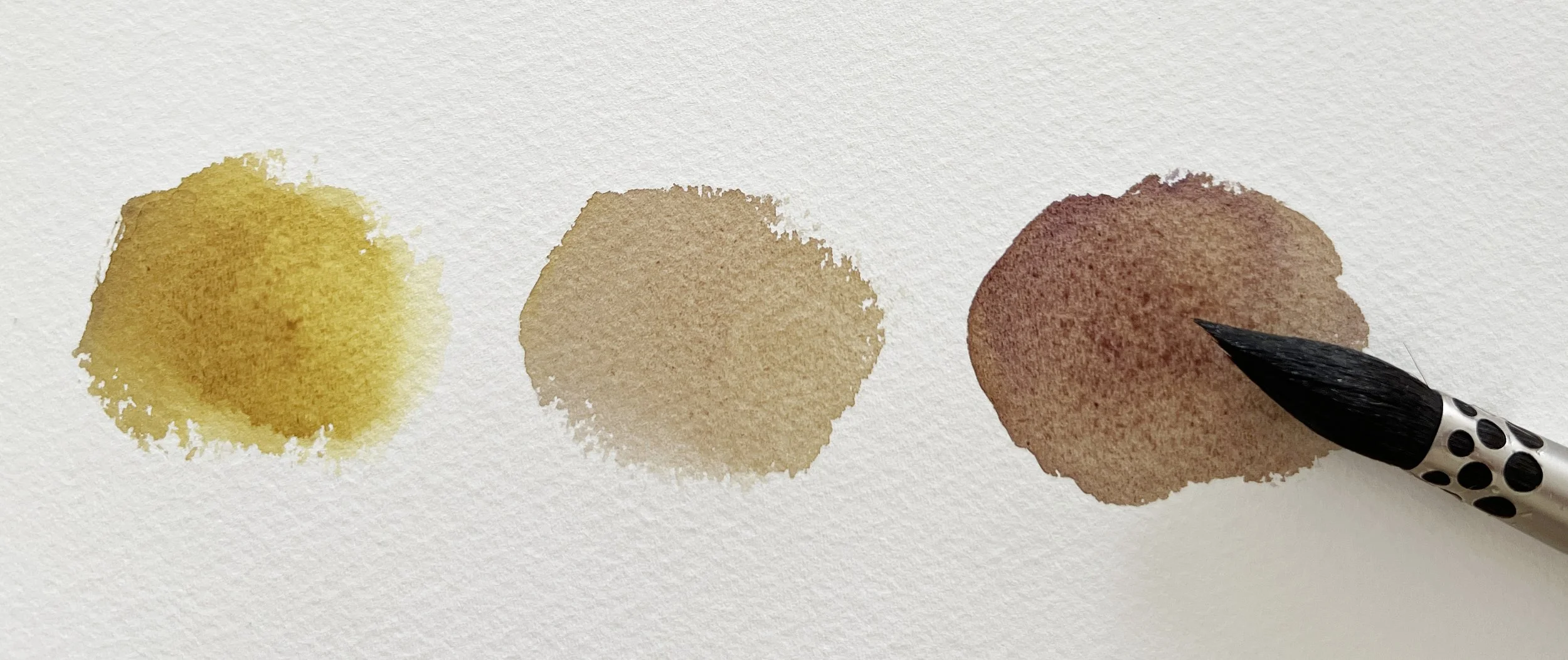 Three watercolour swatches transitioning from yellow to earthy brown to muted plum, showing the mix of Transparent Yellow and Winsor Violet.