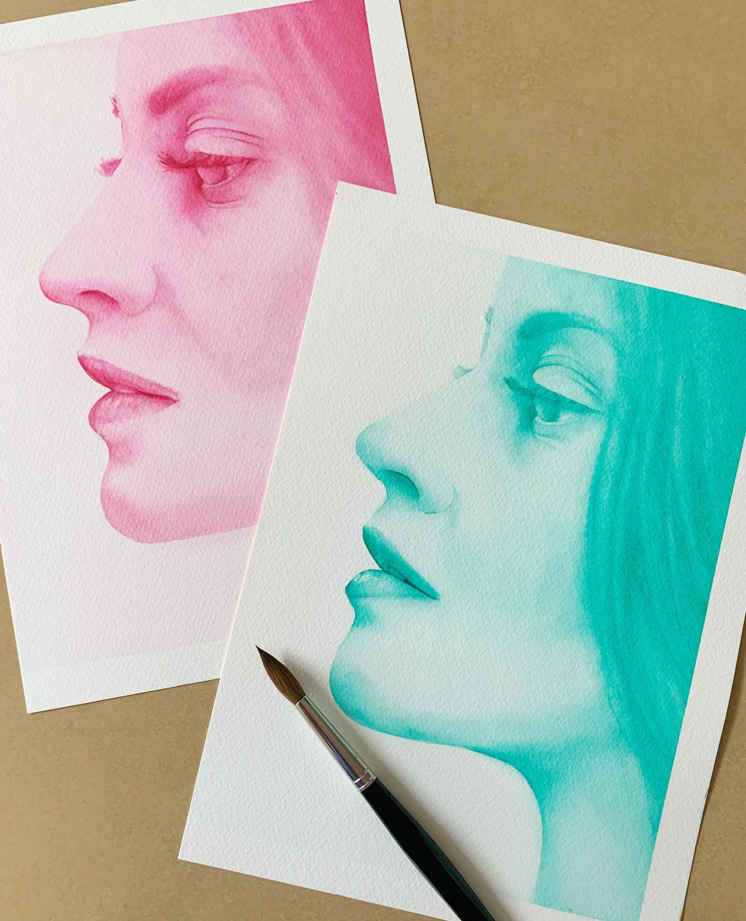 Two profile watercolour portraits painted with a limited palette, one in pink tones and the other in turquoise.