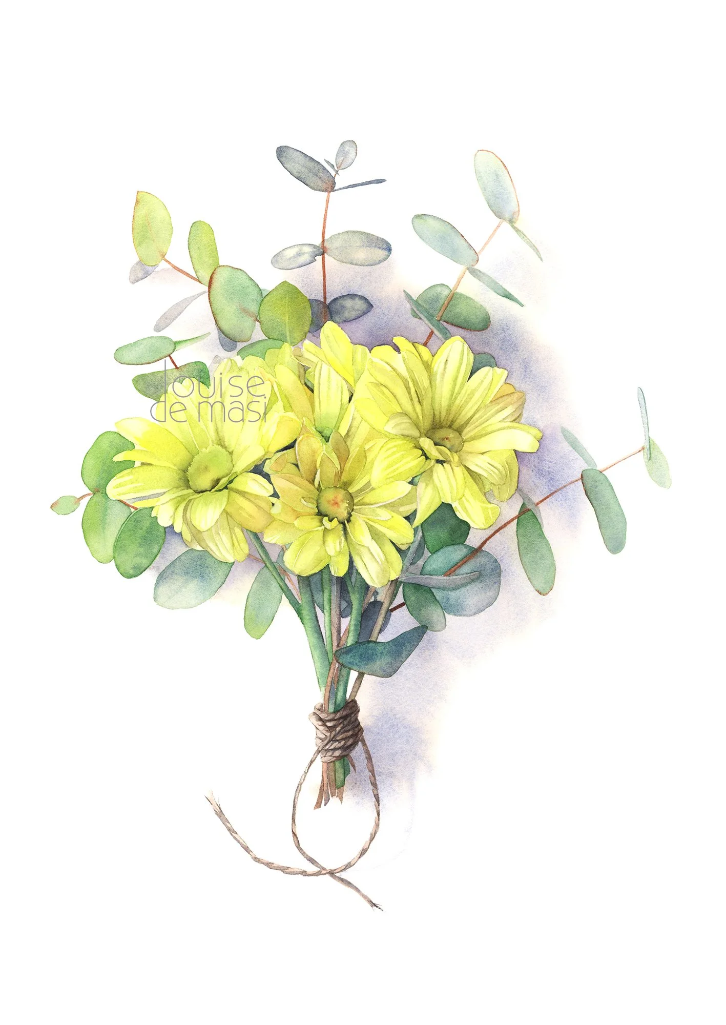 Watercolour painting of a small bunch of yellow daisies and eucalyptus leaves, tied with twine and softly shadowed against a white background.