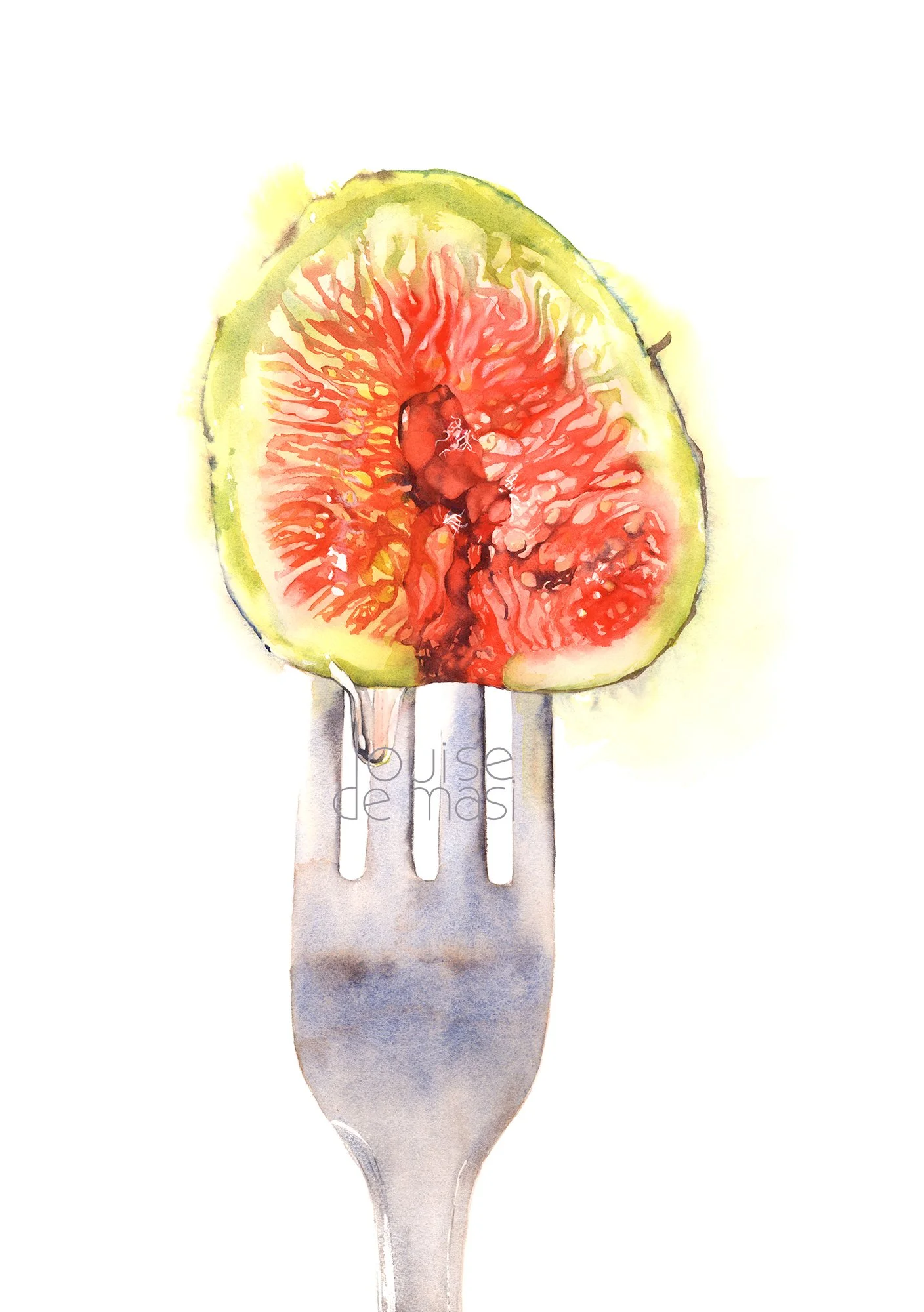Watercolour painting by Louise De Masi of a sliced fig balanced on a silver fork, showing a vibrant red centre against a white background.