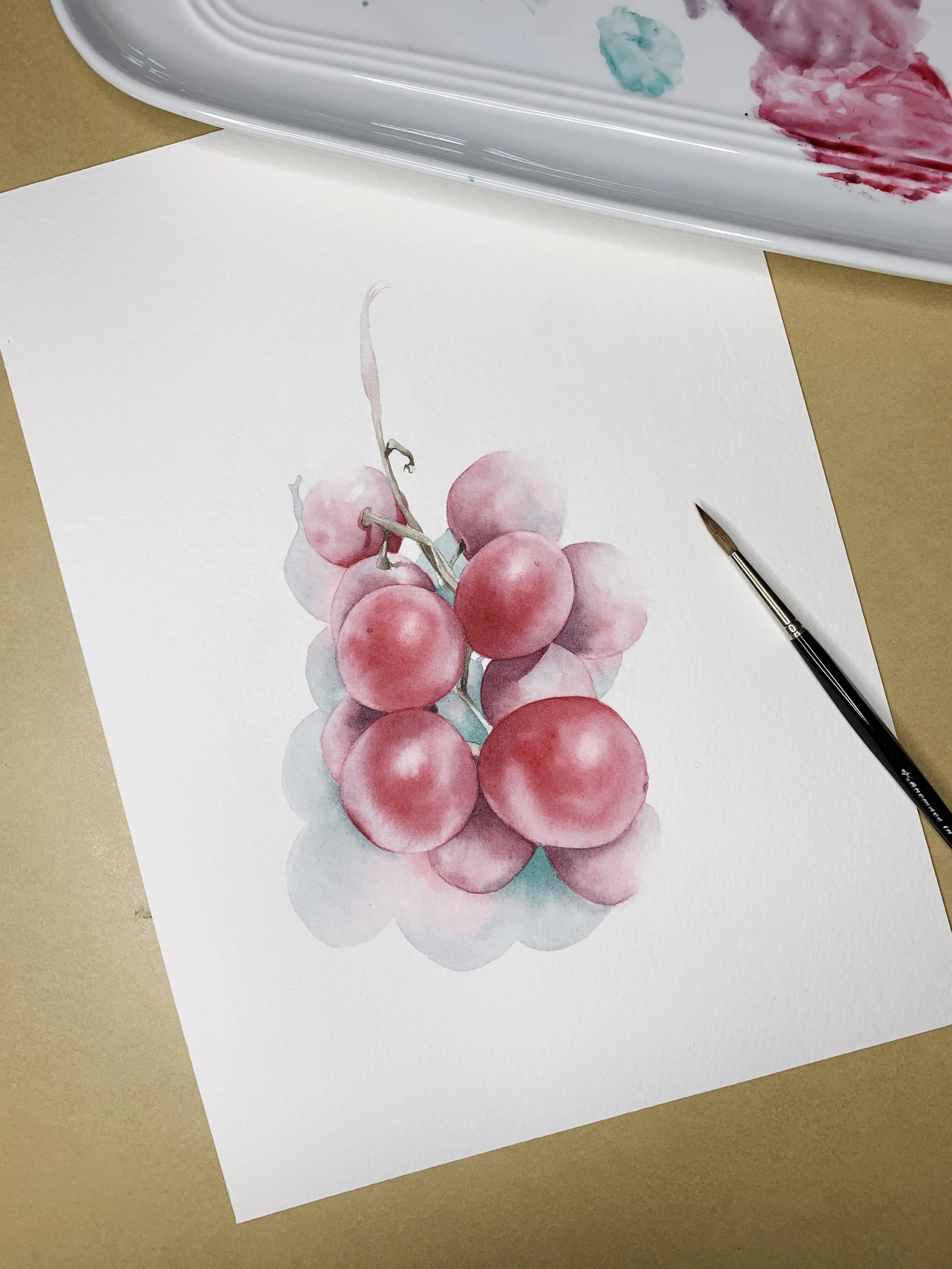 A detailed watercolour painting of a bunch of grapes in soft reds and purples, with a paintbrush and mixing palette beside it.