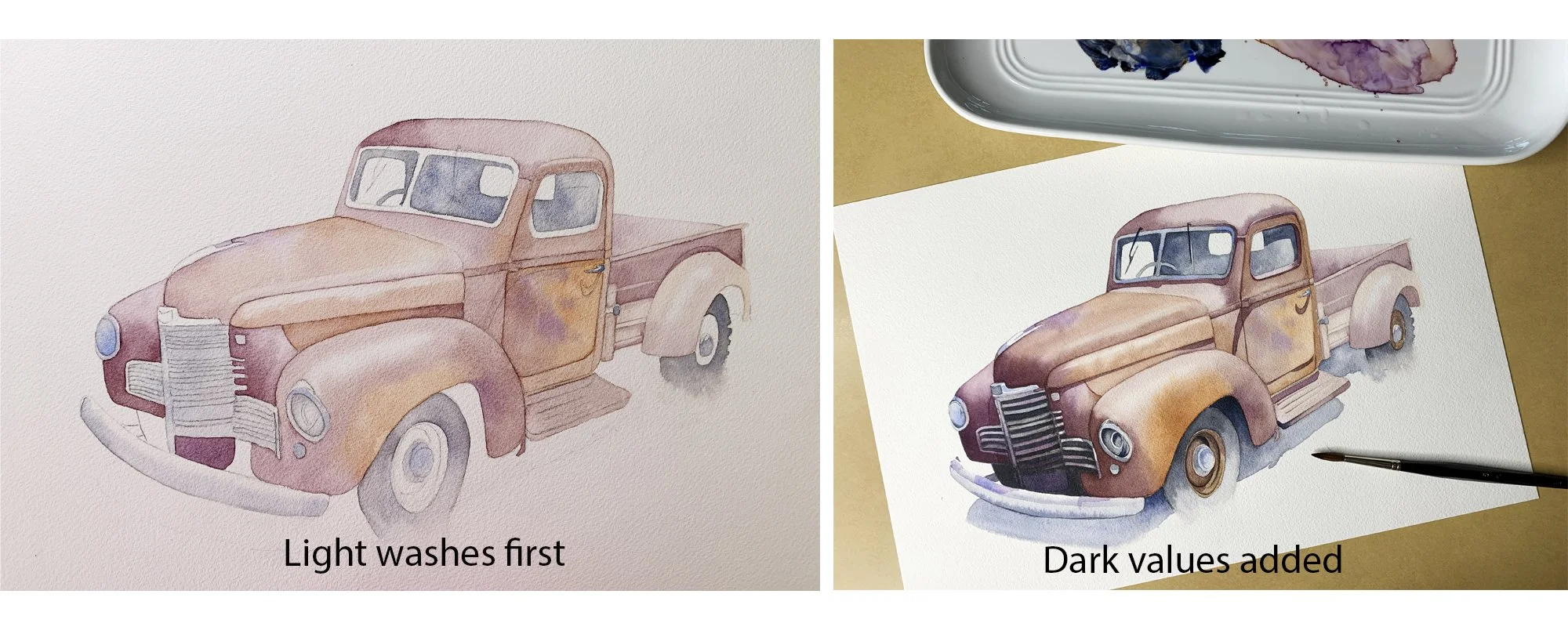 Side-by-side watercolour truck paintings comparing the initial light washes with the darker values added later.