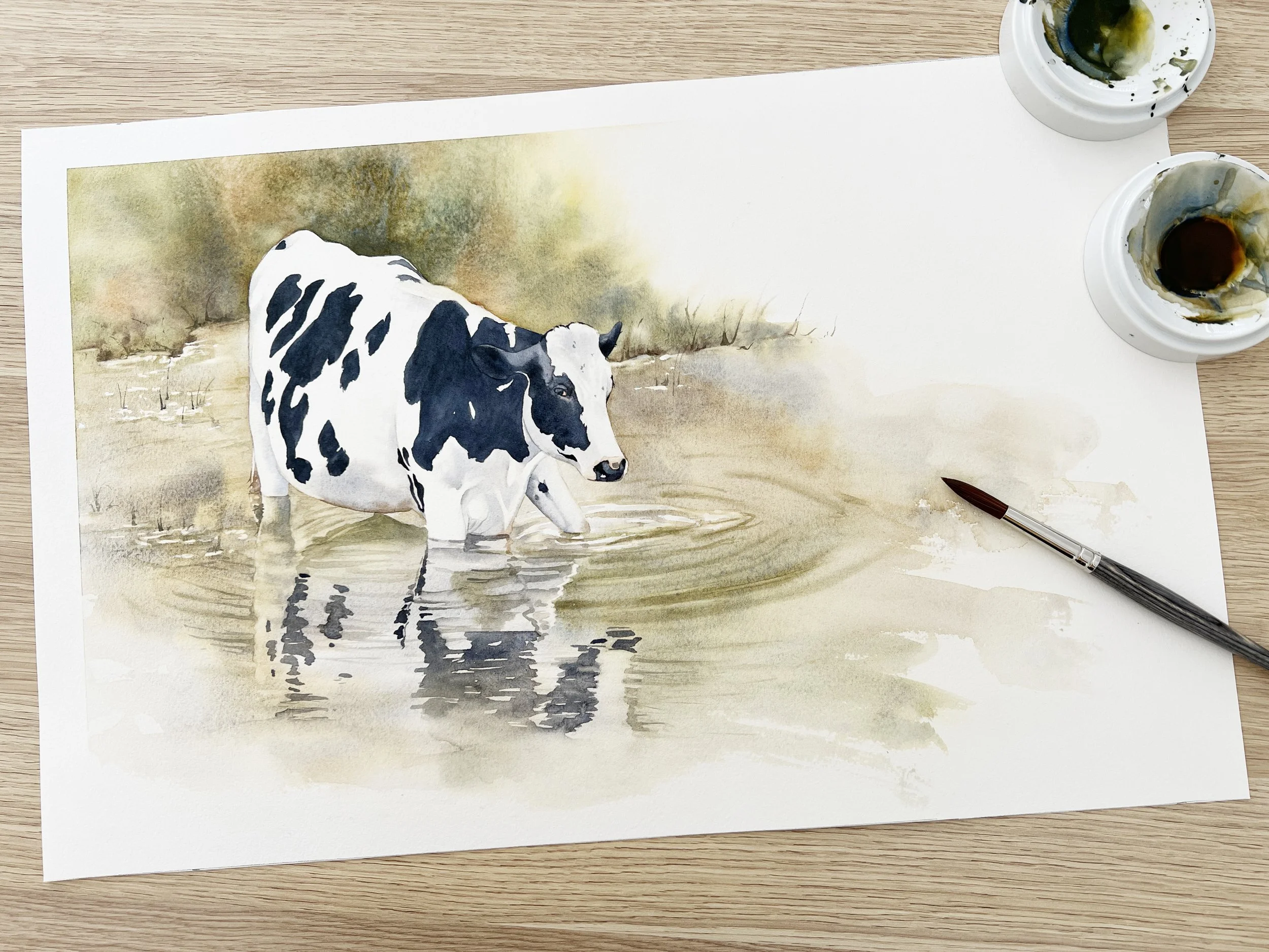 A black and white cow painted in watercolour, standing in a shallow pond with reflections and muted greens and browns in the background.
