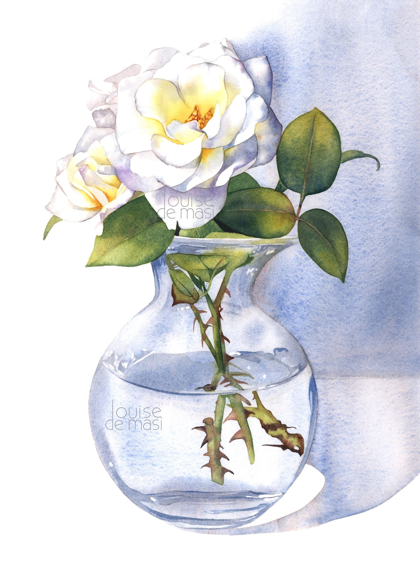 Watercolour painting of white roses with yellow centres in a round glass vase, with visible green leaves and stems against a soft purple-toned background.