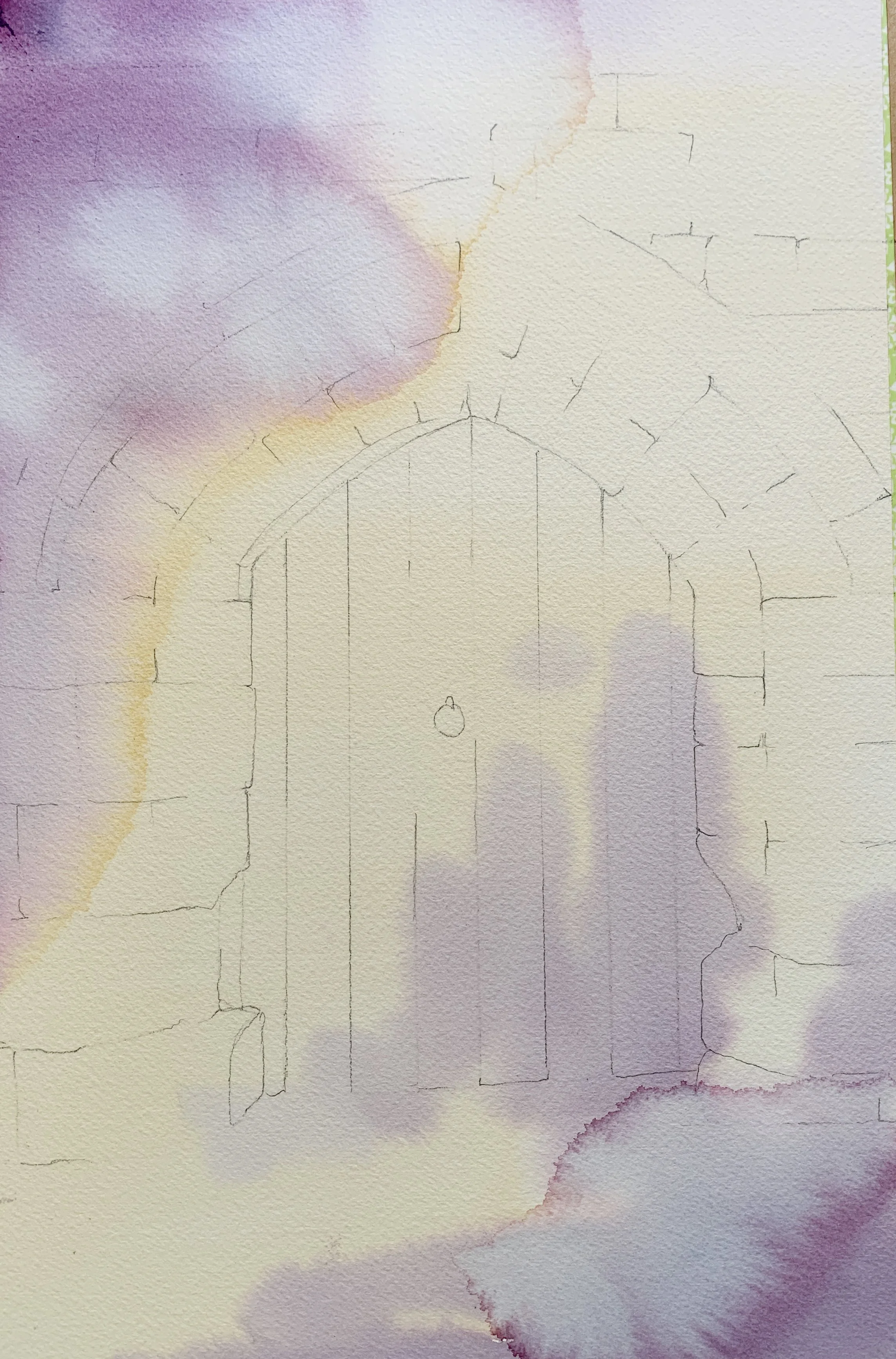 Pencil sketch of a stone arch door with soft purple and yellow watercolour washes.