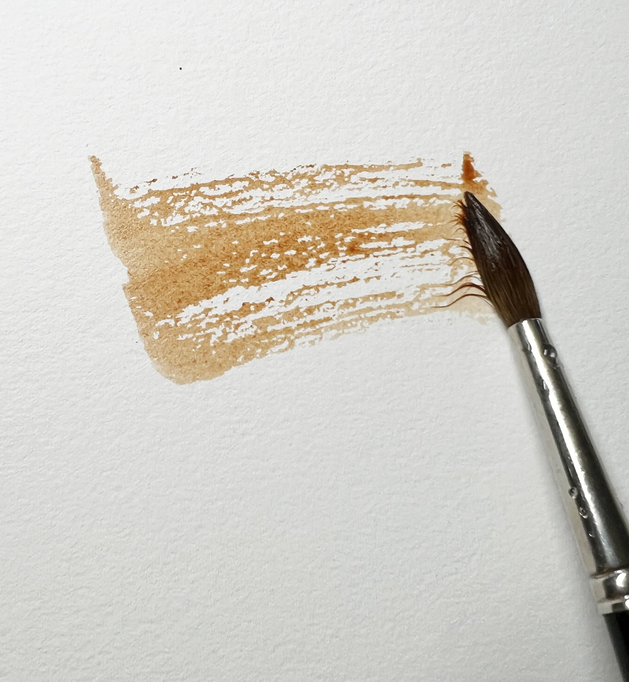 Close up of dry brush watercolour technique creating textured brown strokes on cold press paper using a round brush.