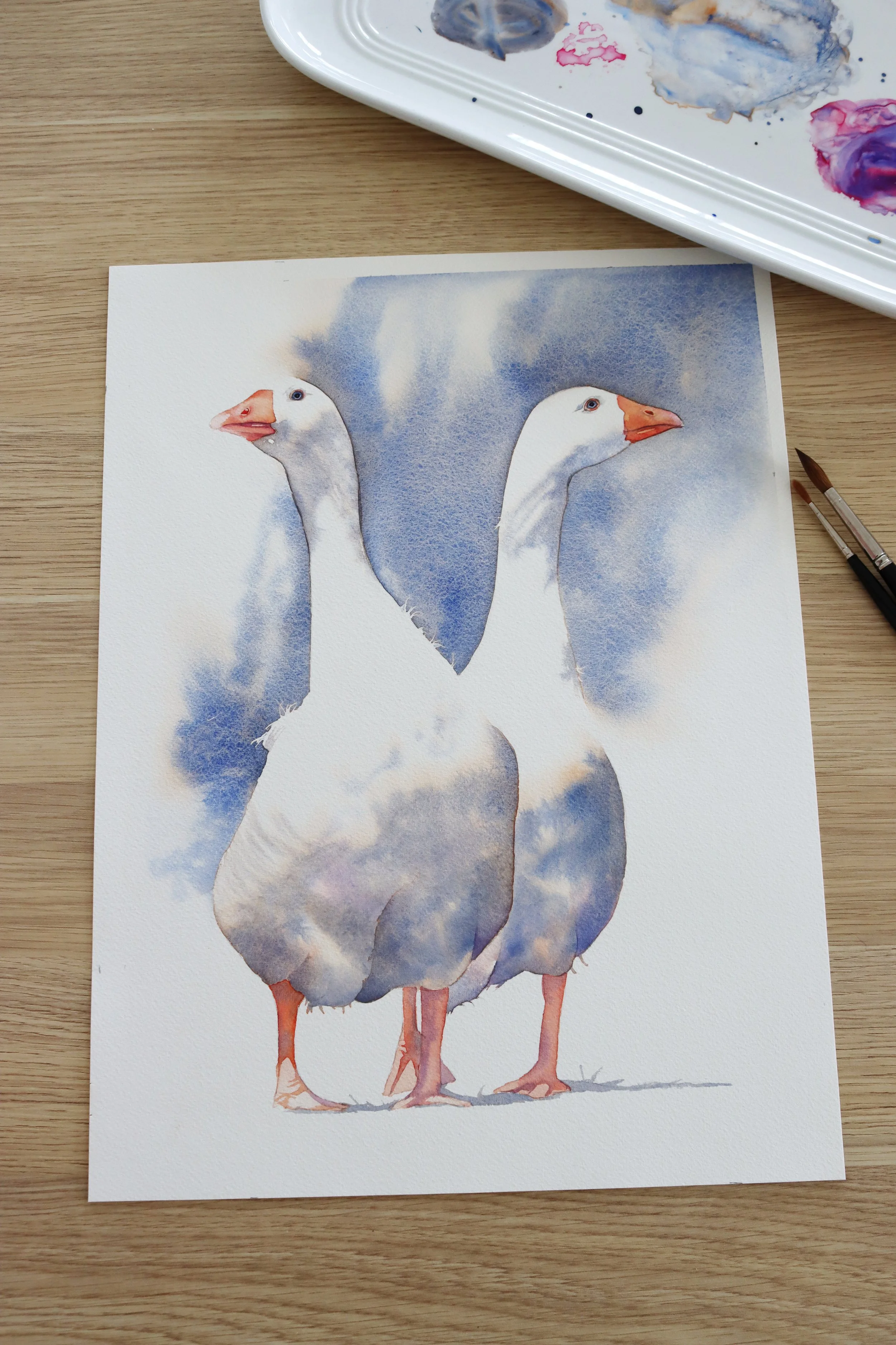 Watercolour painting of two white geese with a soft blue wet-on-wet background, showing edge control and preserved highlights.