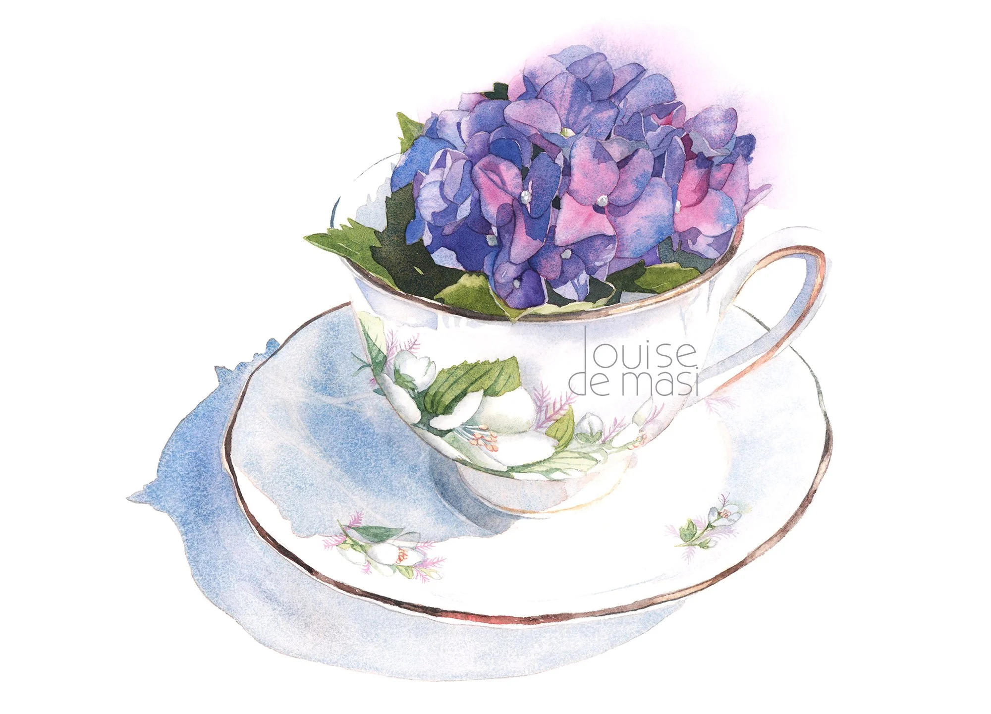 Watercolour painting by Louise De Masi of purple hydrangea flowers arranged inside a vintage teacup and saucer, set against a clean white background.