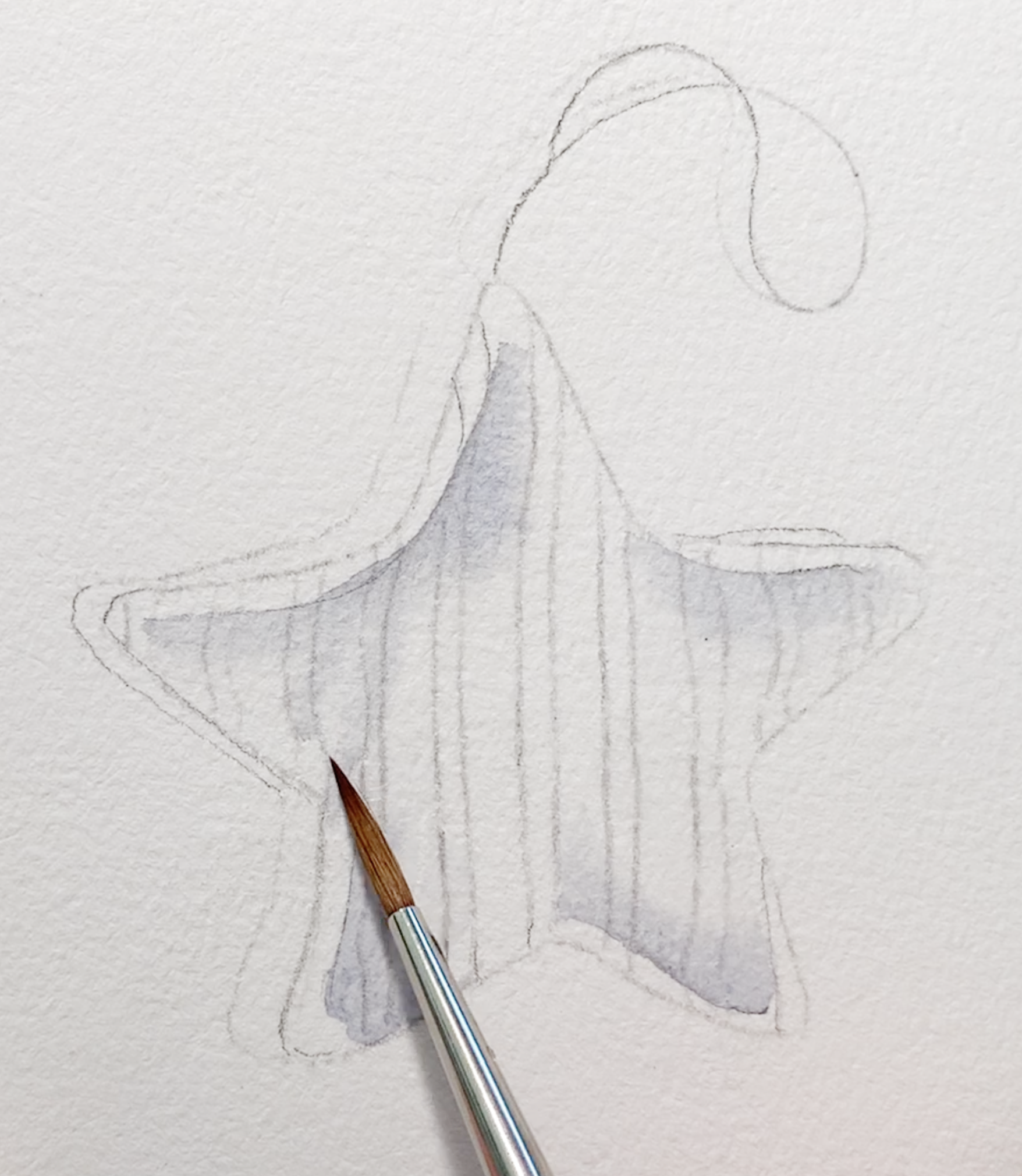 Light pencil drawing of a hanging star ornament with pale grey watercolour wash applied using a round brush on textured paper.