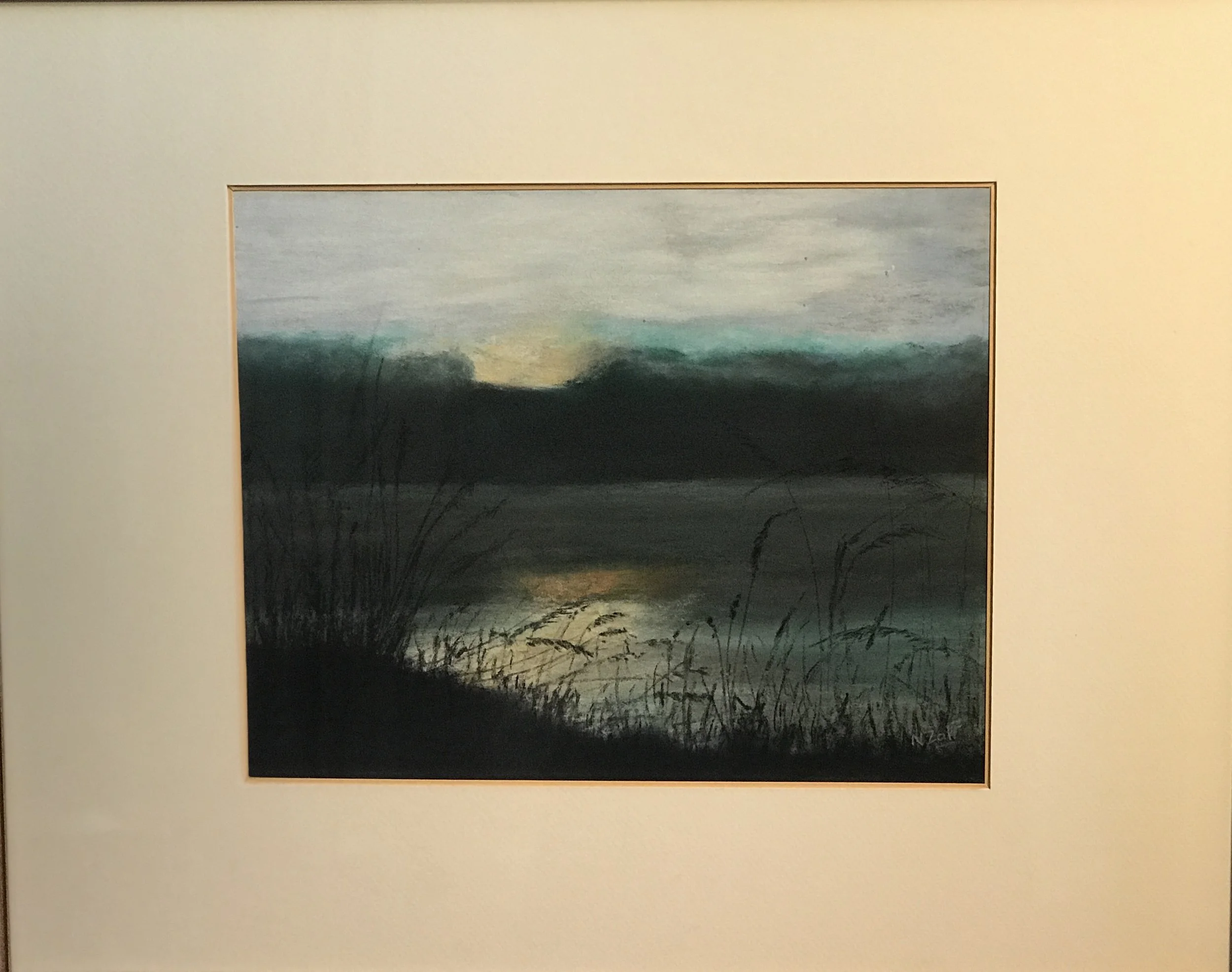 Crépuscule sur l'étang. (Pastel).