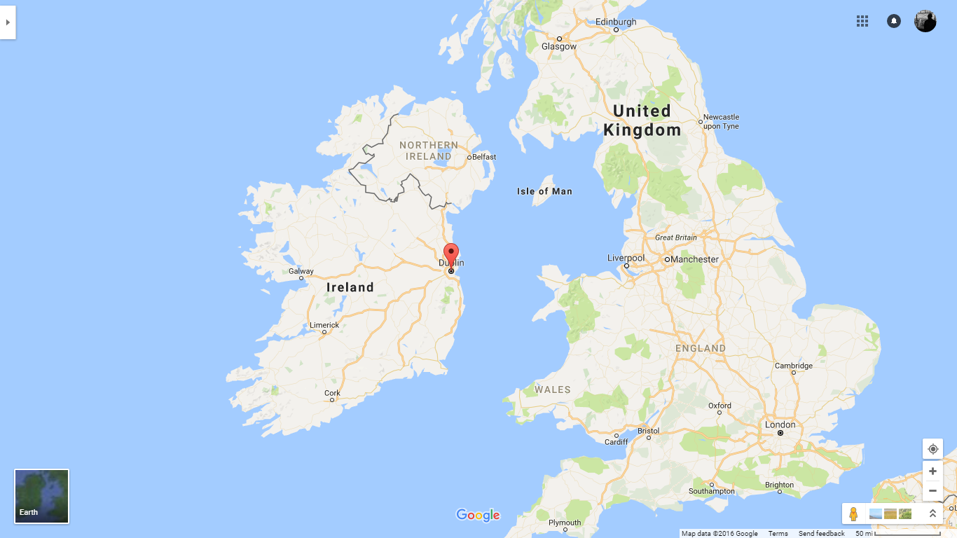 Dublin is on the east coast of Ireland and only a short hop away from the UK. (Google Maps)