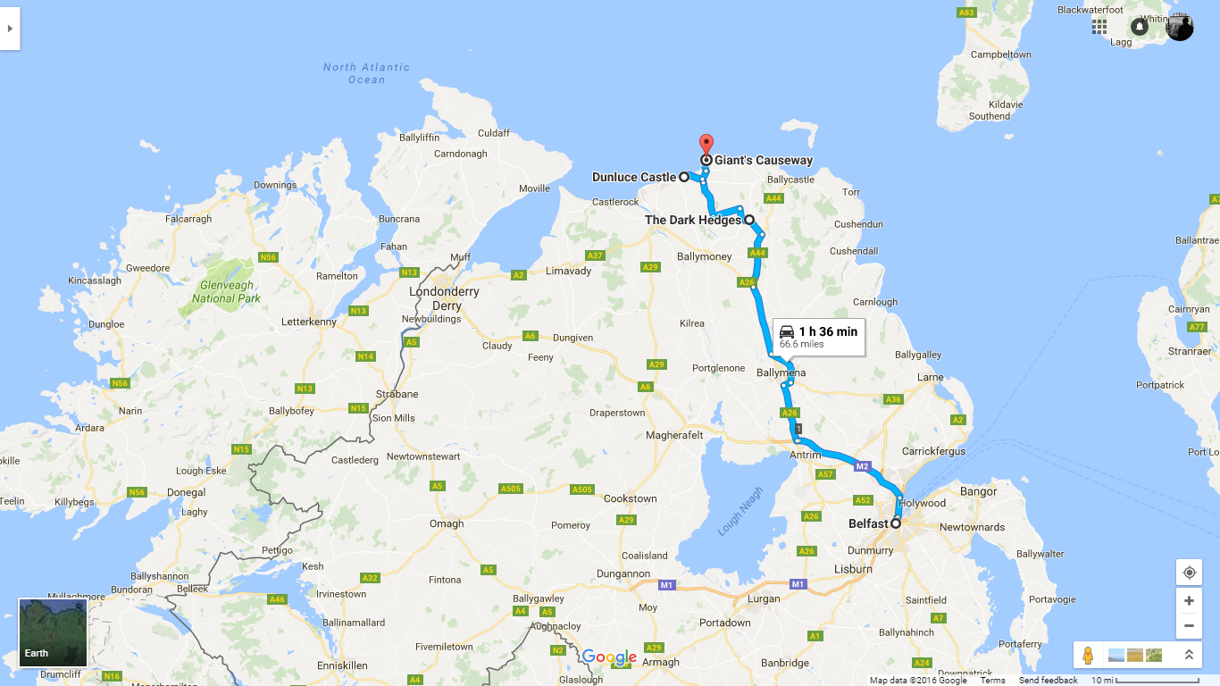 Belfast -> Dark Hedges -> Dunluce Castle -> Giant's Causeway (Google Maps)