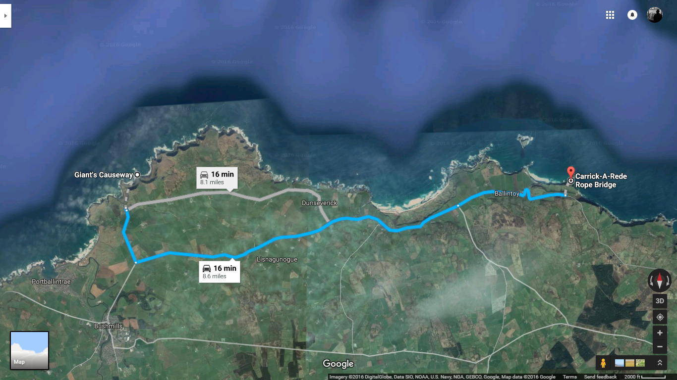 Giant's Causeway -> Carrick -a- Rede (Google Maps)
