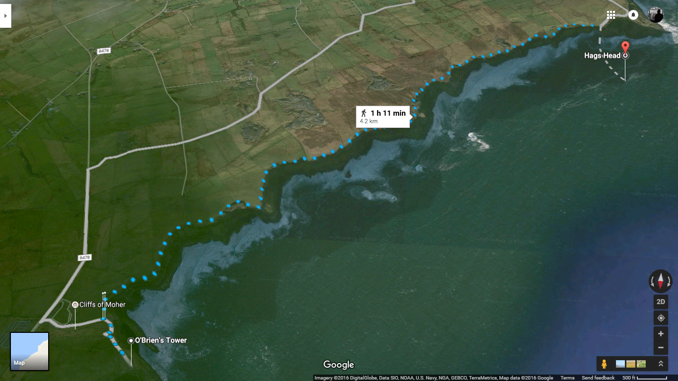 Bird's Eye view of the Cliffs of Moher (Google Maps)
