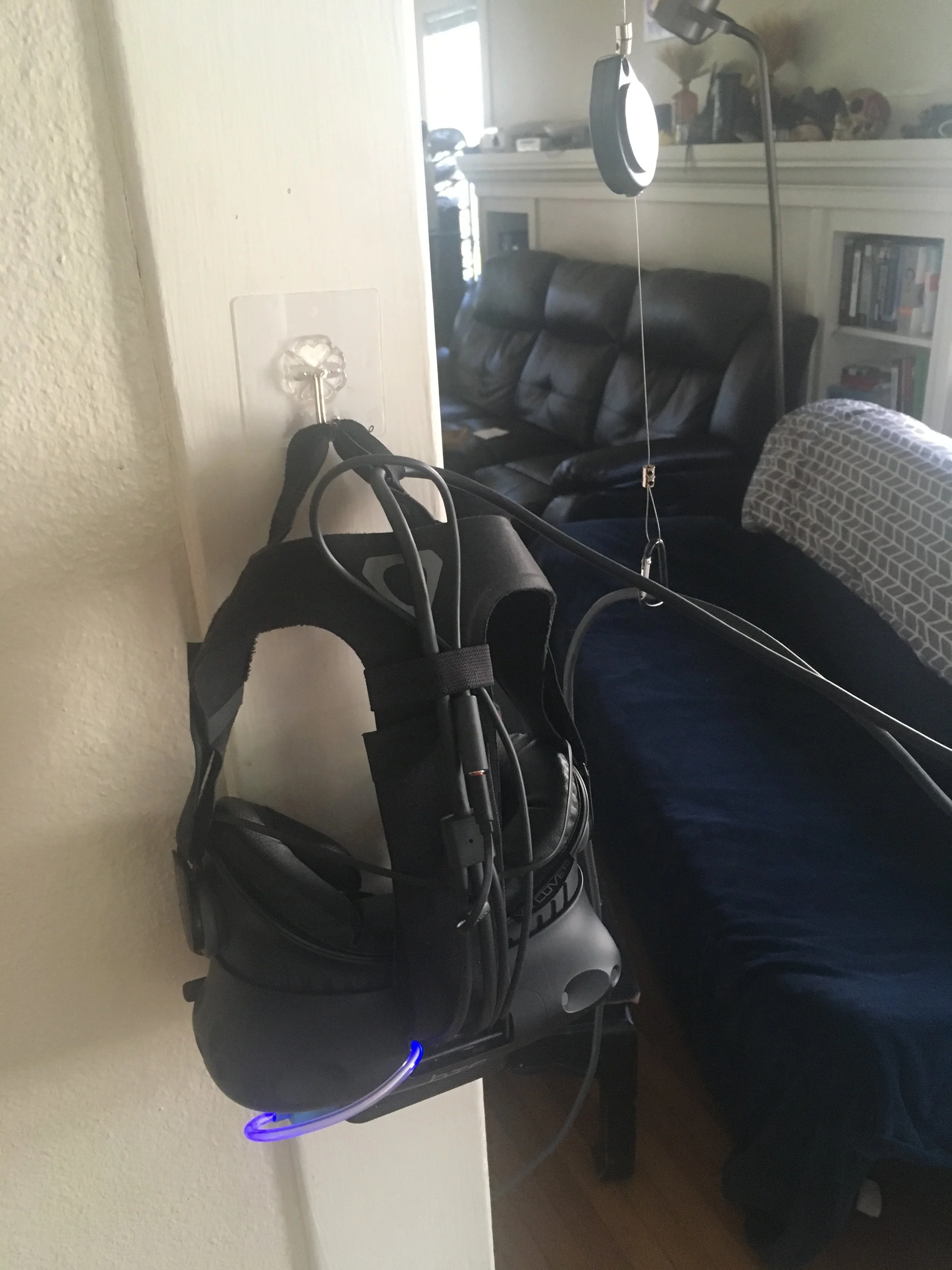 Vive Headset on hook with cable leash attached