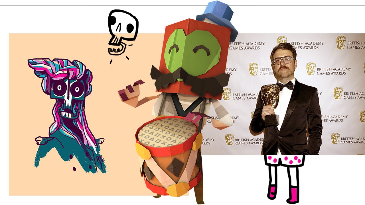  The Jack of Clubs taken from Flick Solitaire, a Mummer character from Tearaway bangs his drum, and behind them both Rex accepts a BAFTA award, a photo which has been doodled on. 