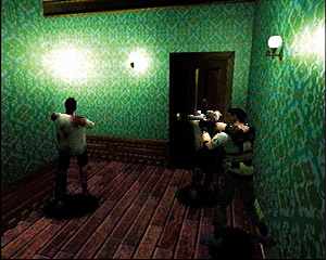 Screenshot of Resident Evil showing how firearms are used to fight zombies. Ammunition is limited, and managing this limitation is difficult.