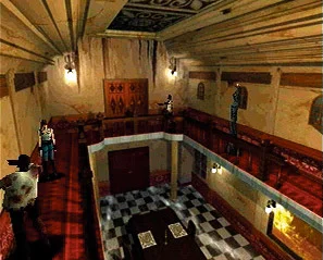 Screenshot for the original Resident Evil. This is a horror game that used a low number of “3D polygons” for the time. 