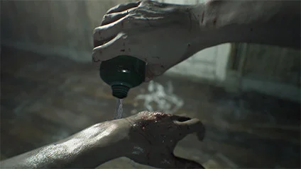The player character restoring health. However, aren't those some pretty serious injuries…?!