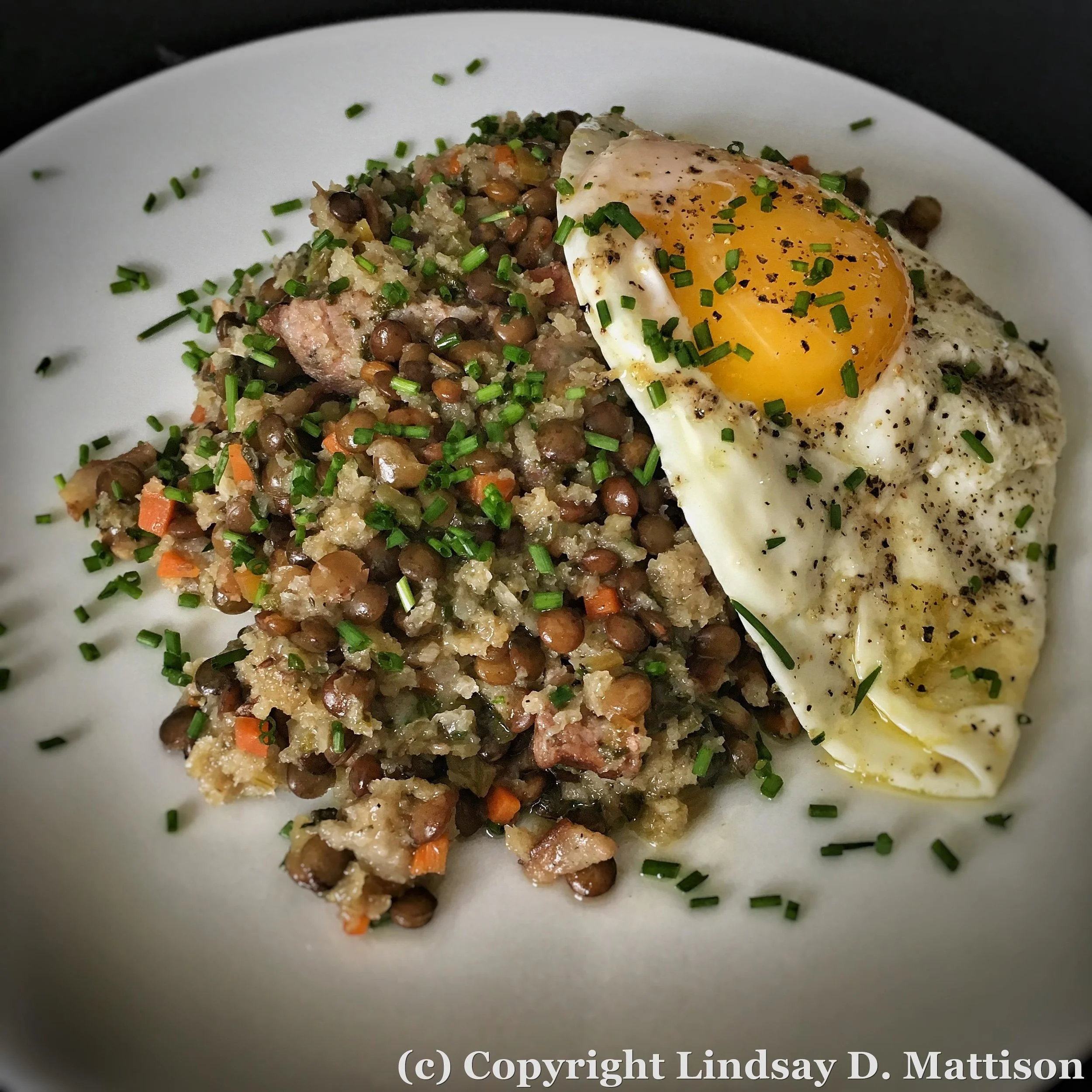 Leftover lentil cassoulet made a pretty damn good breakfast the next day. Add a sunnyside egg and some fresh chives and I'm happy lady
