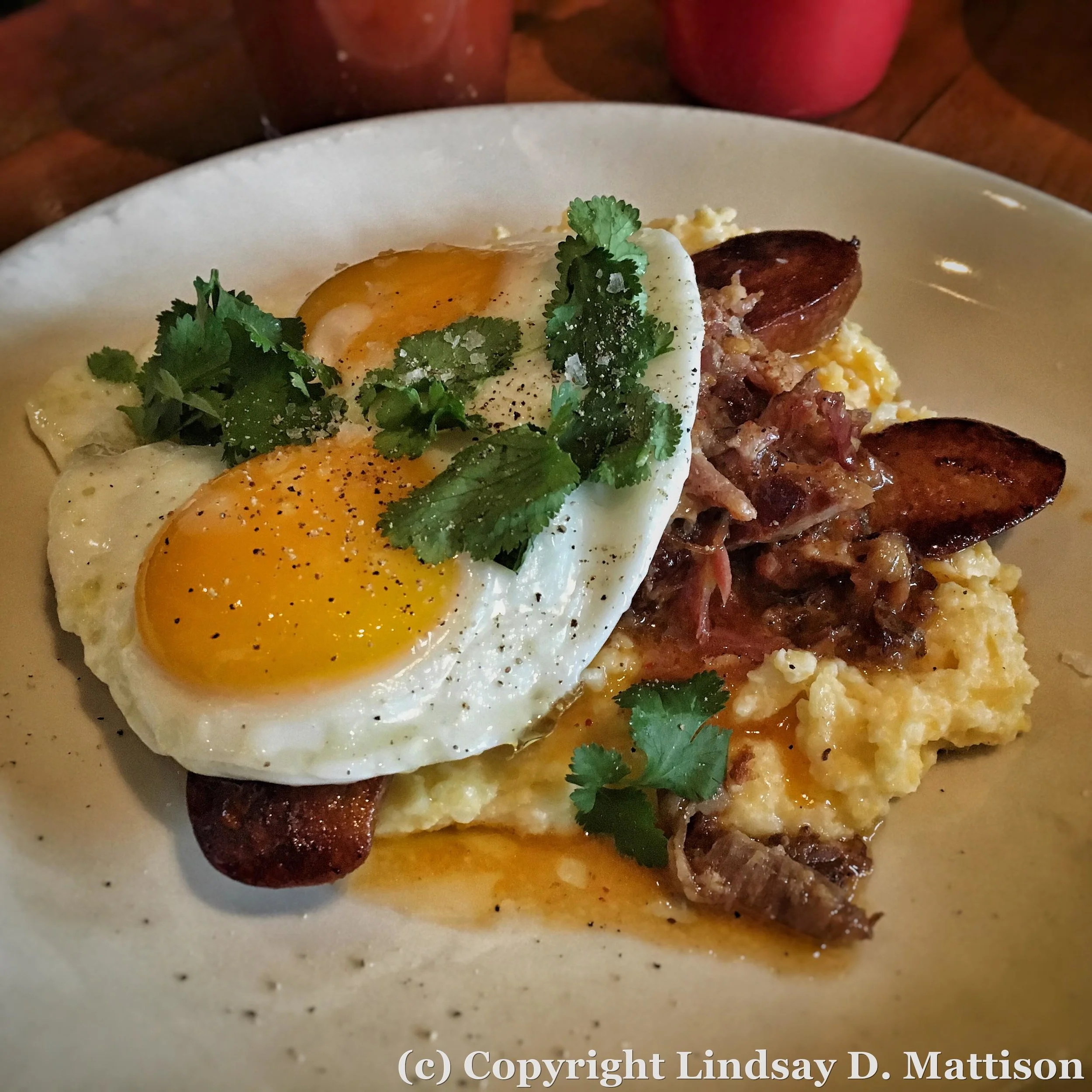 No potatoes necessary: a scoop of delicious polenta, lots of pork, and some fresh herbs is all I needed this morning