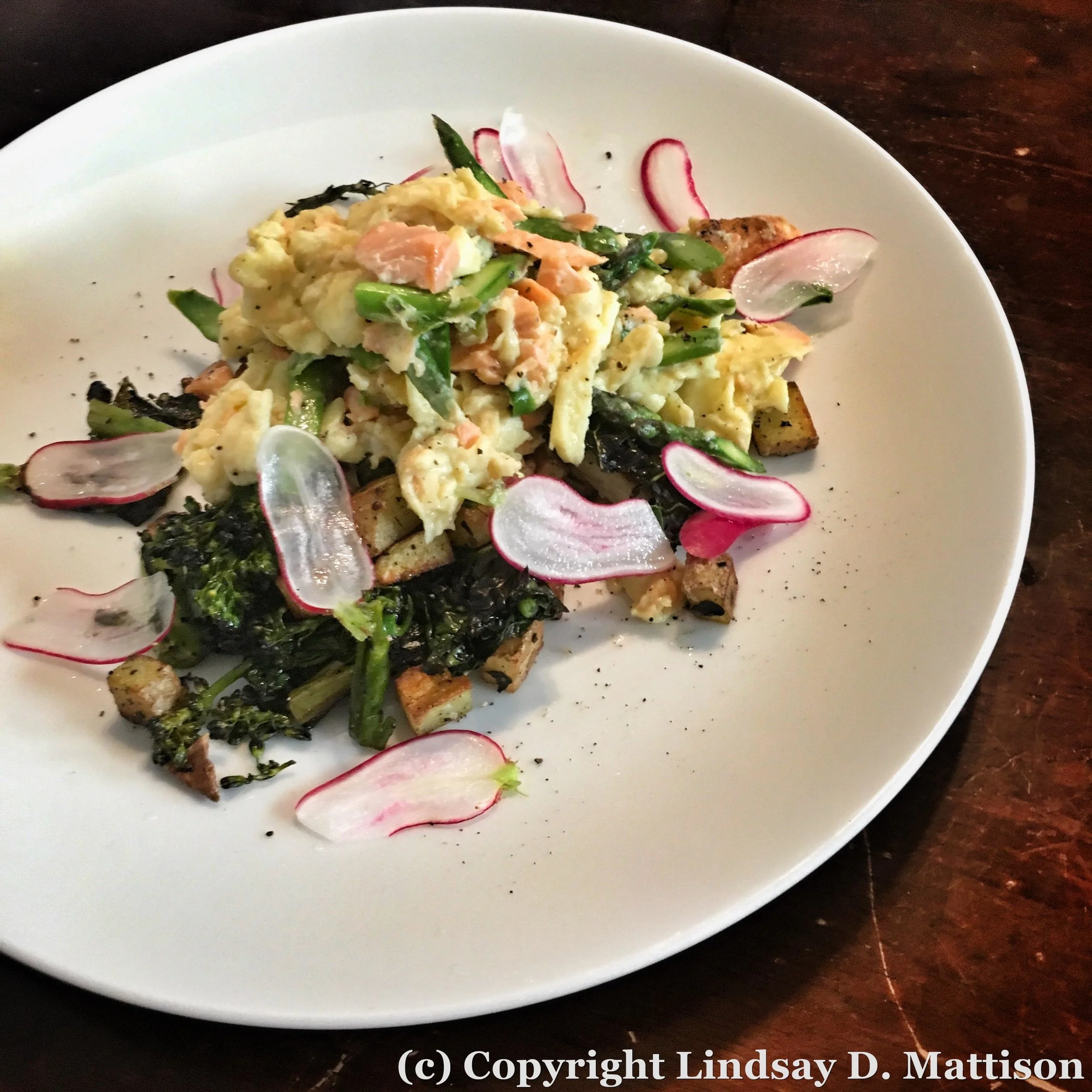 For this salmon-scrambled hash, I scrambled the cream cheese into the eggs. Just because you can't see it, doesn't mean it's not there!