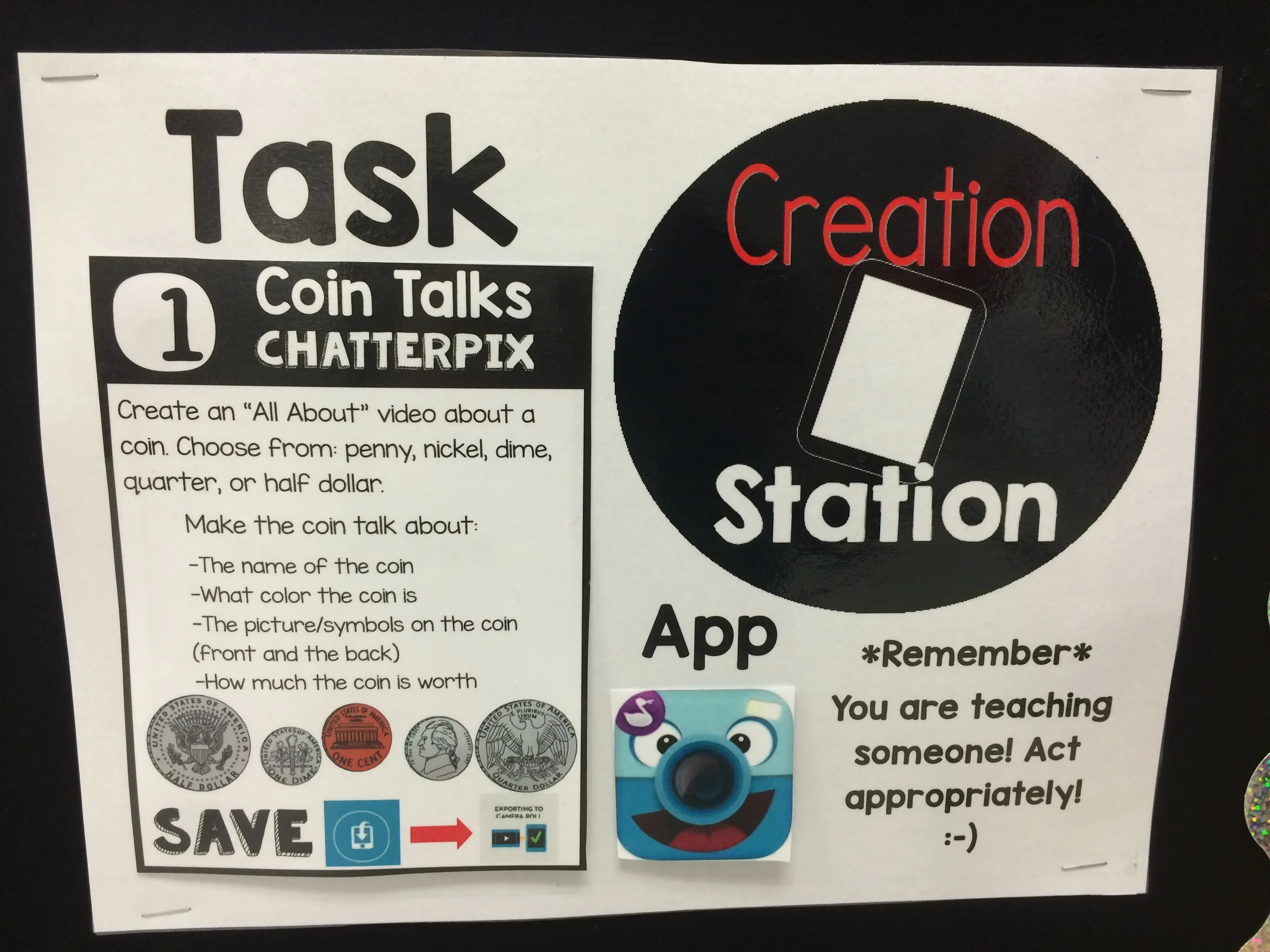 How do students know what to create? They are given a task card to use. This visual helps my students see what their current project is as well as what app they use to create with. 