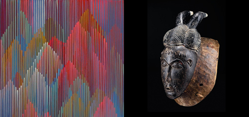 Links Astrid Schröder, 5:6:014, 2014, aus einem Triptychon mit je 80 x 50 cm, Acryl auf Leinwand Recht Dr. Karl-Ferdinand Schaedler, Gesichtsmaske KPAN, Baule (Elfenbeinküste), Höhe ca. 34cm, Holz
