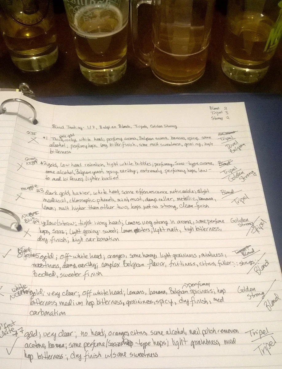 As the tasting of high gravity beers moves along, my notes become less technical and more descriptive, as my "Tripel? Blond ::shrugs::" margin notes demonstrate