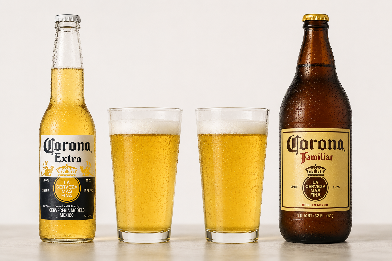 Side-by-side comparison of Corona Extra in a clear bottle and Corona Familiar in a brown bottle, each poured into identical glasses to illustrate how bottle color—not the recipe—can influence aroma and flavor.