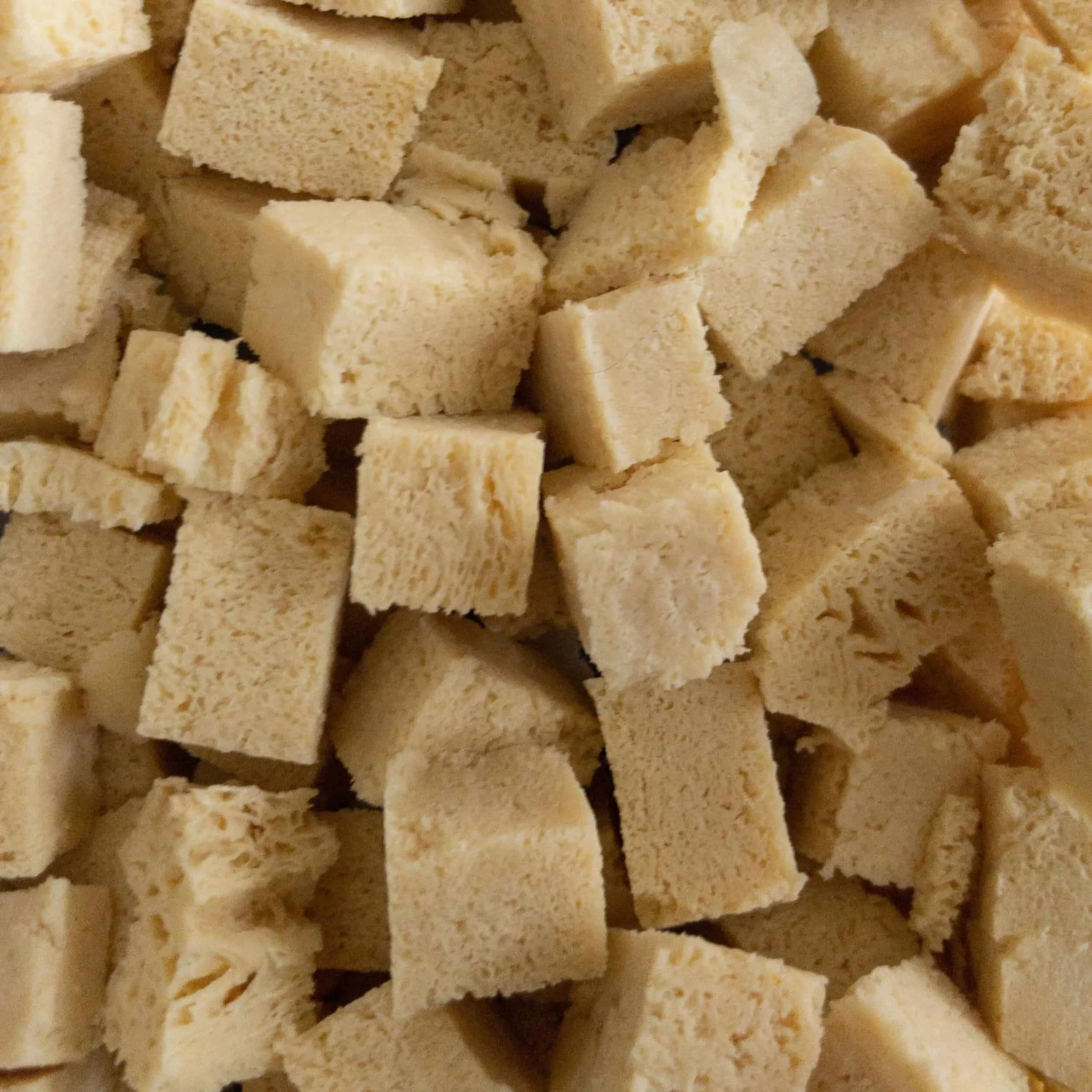 Close up of pressed and cubed tofu