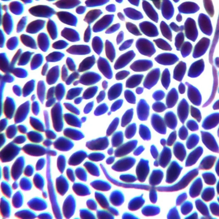 Close up of purple-stained Brettanomyces yeast under microscope