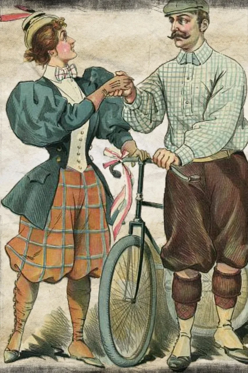 Old time drawing of woman in green coat and plaid pants and man in green plaid shirt and brown pants